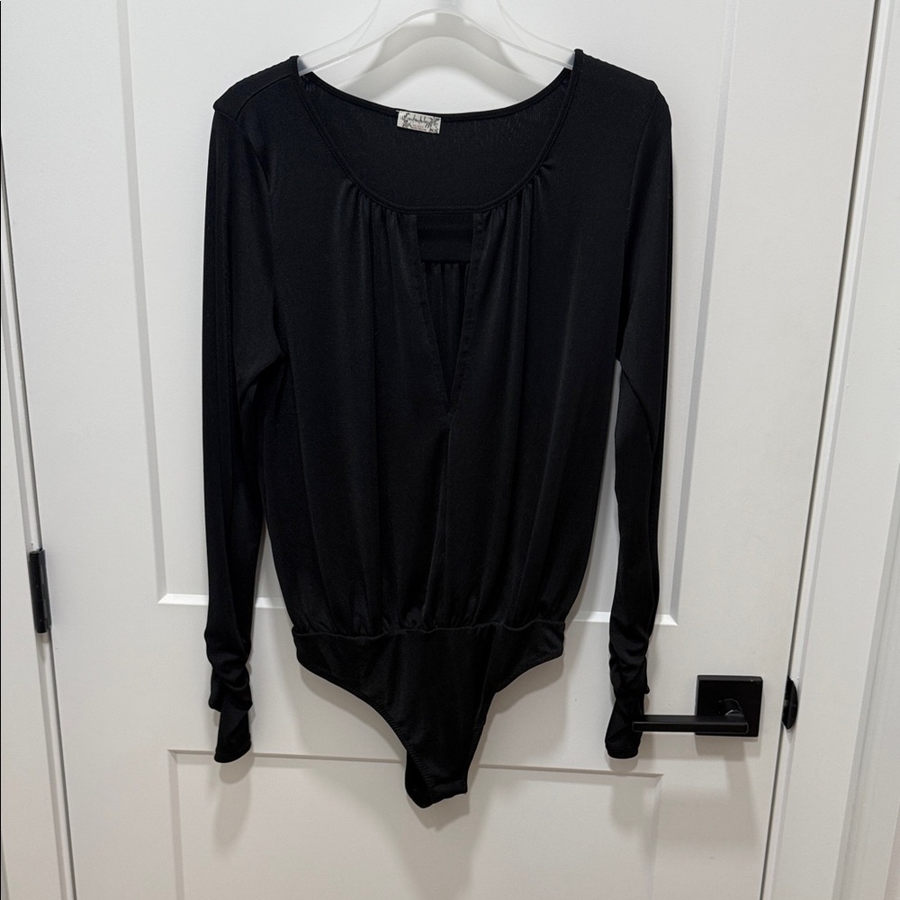Free People Elegant Black Long Sleeve Bodysuit with rouched sleeves